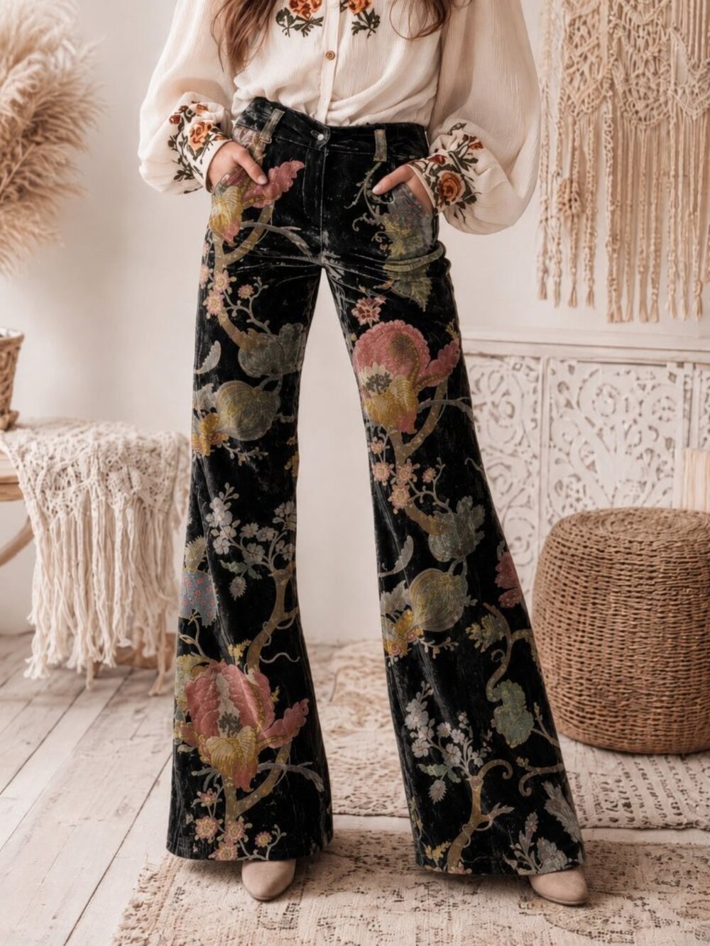 Black Boho Women's Floral Printed Velvet Flare Leg Pants